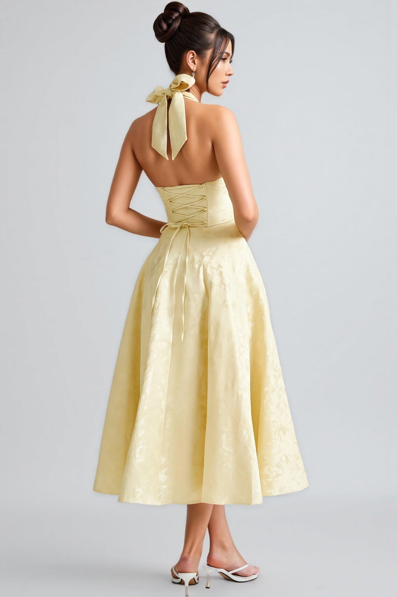 Zashy Yellow Tie Neck Midi Dress