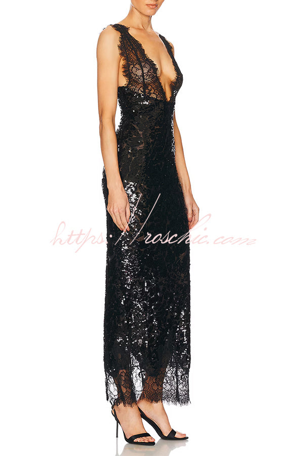 Lace-trimmed Deep V-neck Sequined Dress