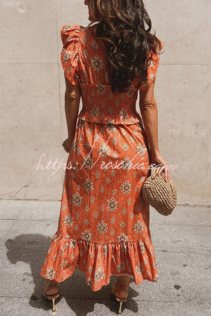 Emilia Unique Print Flutter Sleeve Smocked Top and Elastic Waist Maxi Skirt Set