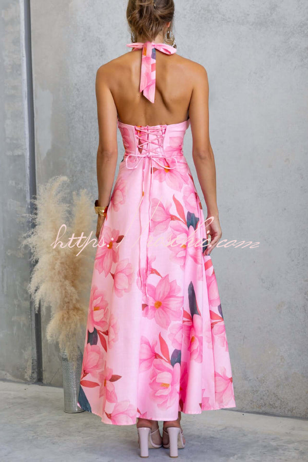 Floral Print V-neck Backless Tie-up Fitted Waist Elegant Maxi Dress