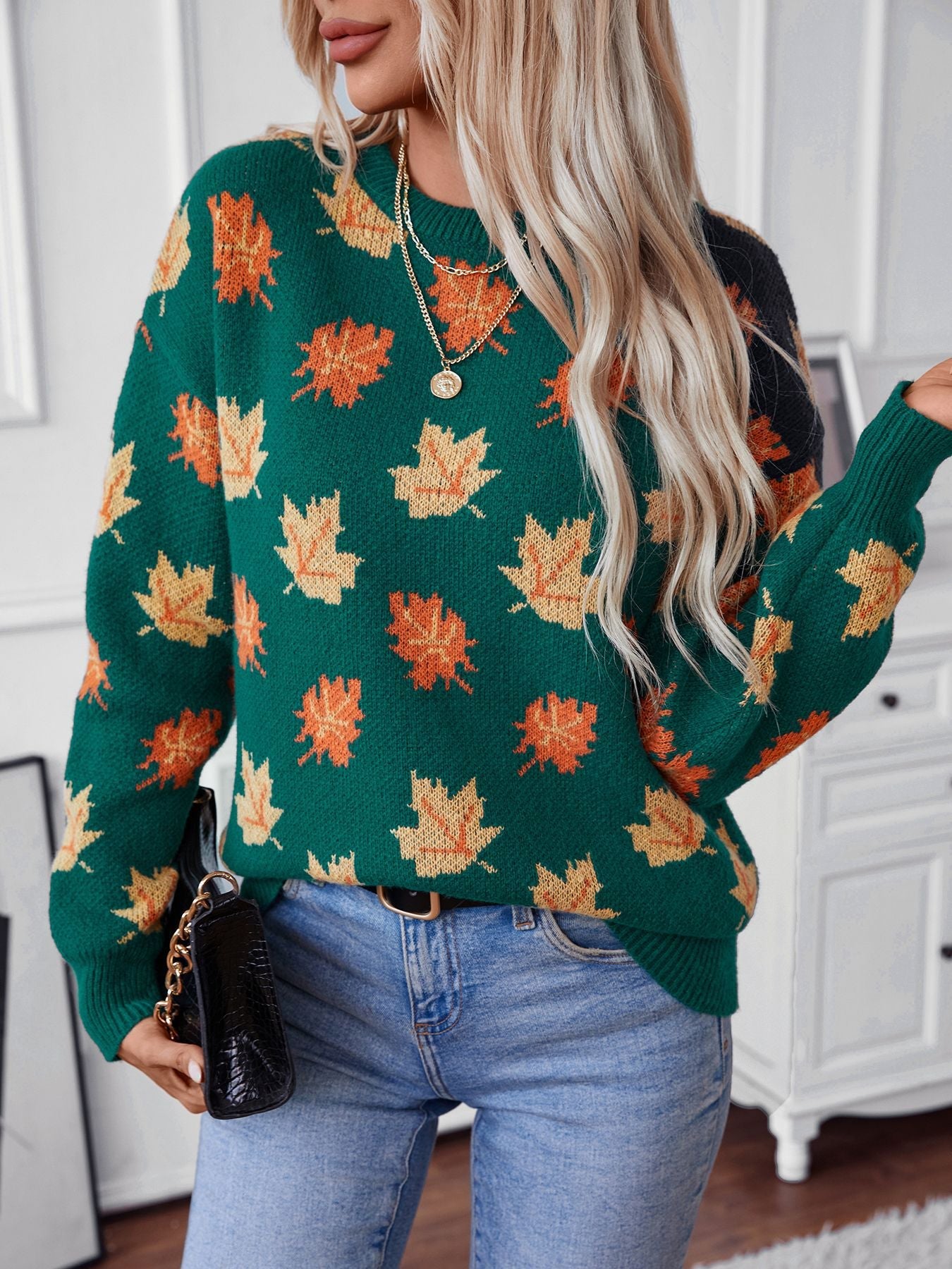 Maple Leaf Pattern Jacquard Casual Pullover Sweater for Women