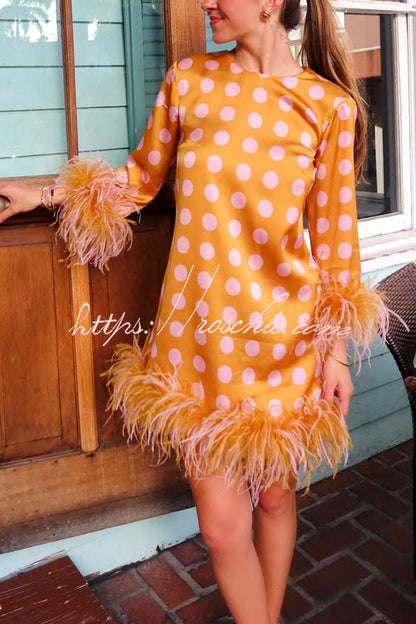 Playful and Cute Satin Polka Dot Print Half Sleeve Feather Trim H-line Mini Dress