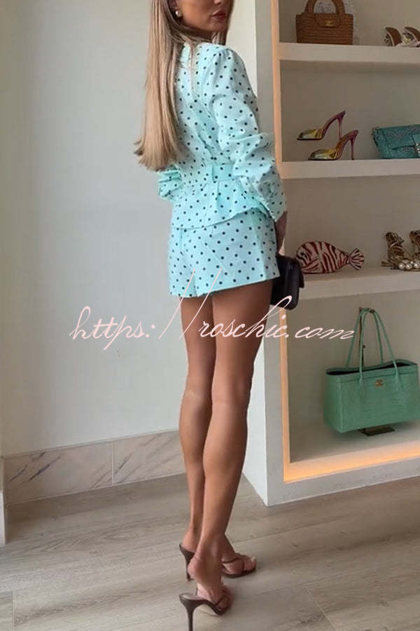 Trisha Linen Blend Polka Dot Stand Neck Belted Jacket and Low-Rise Pocket Mini Shorts Set