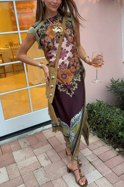 Bohemian Style Floral Print Tassel Trim Irregular Hem Slit Scarf Midi Dress