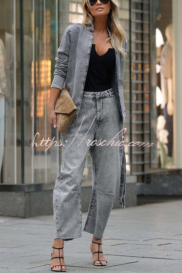 Casual Meetup Denim Stand Neck Long Sleeve Belted Loose Jacket