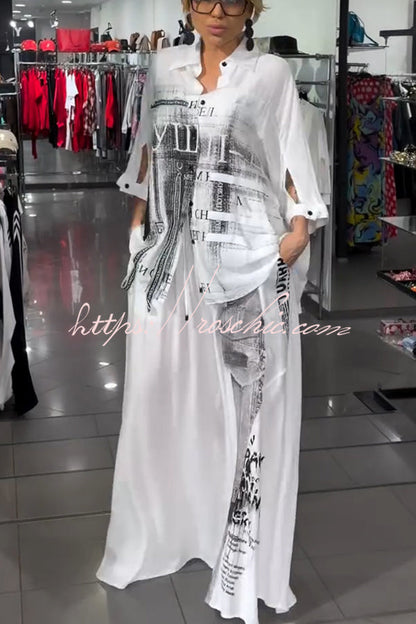 Street Style Graffiti Print Button Half Sleeve Blouse and Elastic Waist Pocket Wide Leg Pants Set