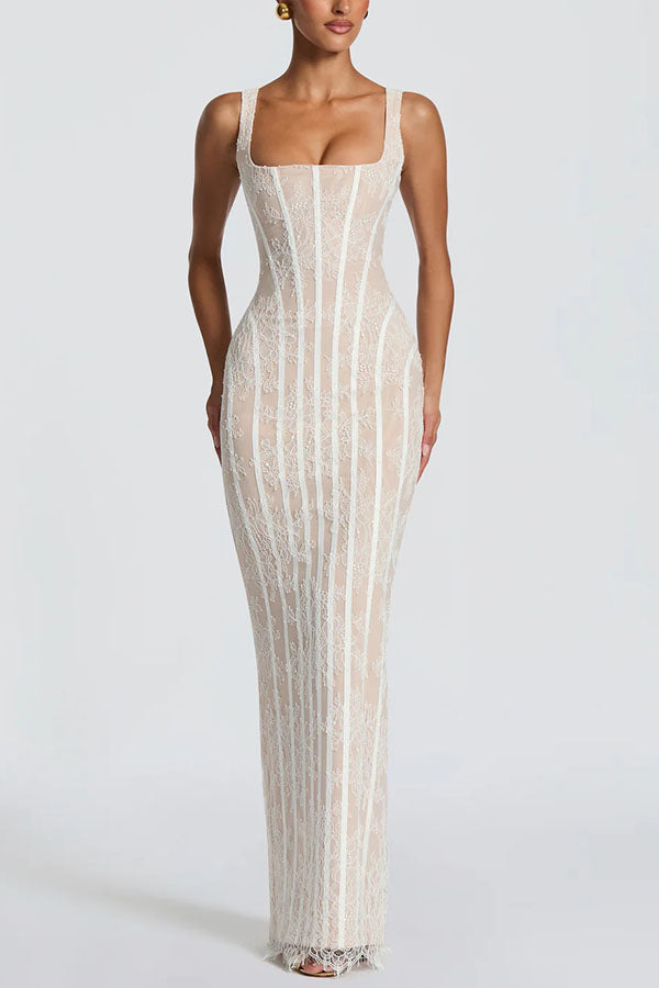 Polina Floral Lace Contrast Structural Detail Square Neck Back Lace-up Slit Maxi Dress