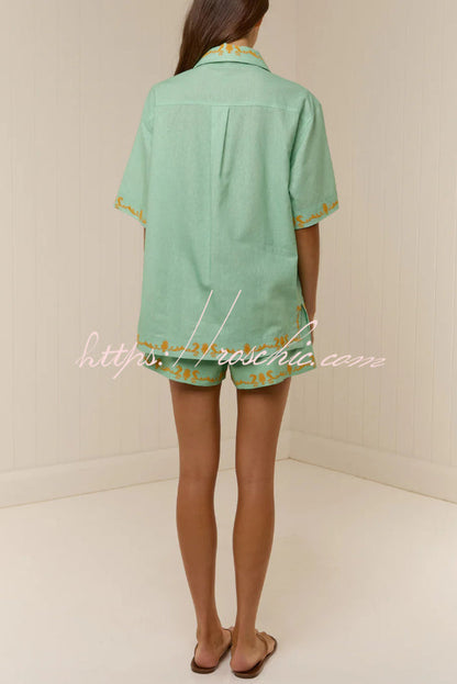 Linen Blend Loose-fitting Short-sleeved Button-down Shirt and Casual Pocket Shorts Set