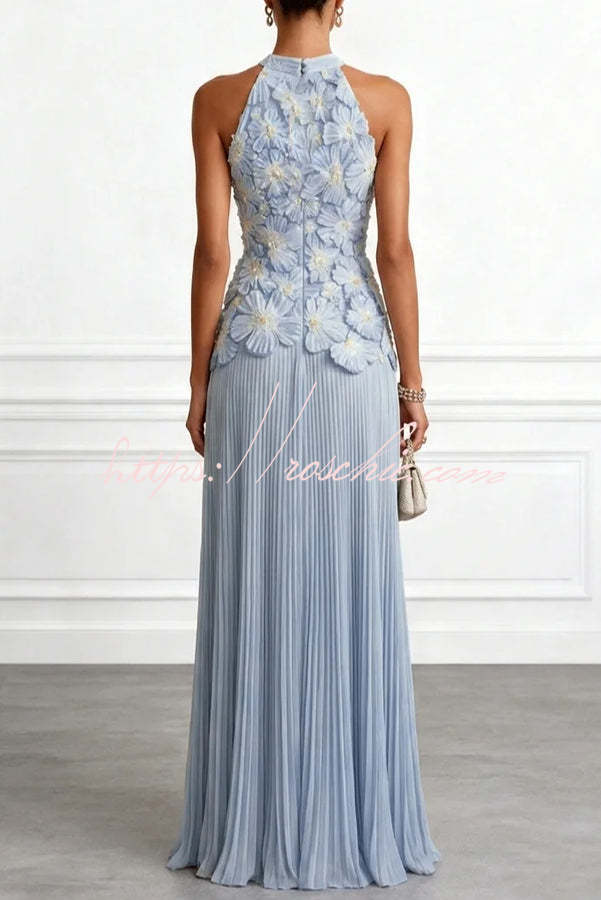 Emilie 3D Floral Embroidery Pleated Chiffon Hem Halter Neck Sleeveless Maxi Dress