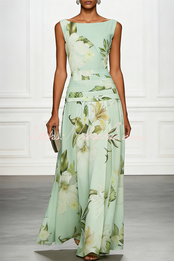 Classic Floral Print Boat Neck Ruched Waist Sleeveless A-Line Maxi Dress