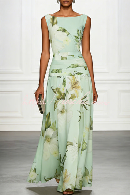 Classic Floral Print Boat Neck Ruched Waist Sleeveless A-Line Maxi Dress
