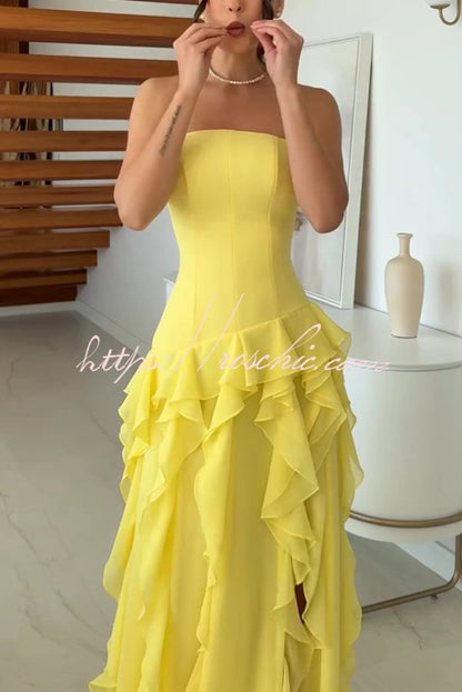 Elegant Sleeveless Off-shoulder Fitted Ruffled High Slit Maxi Dress