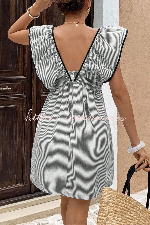 Striped Print Loose V-neck Tie Bow Casual Mini Dress