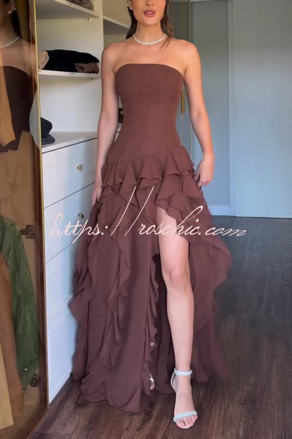 Elegant Sleeveless Off-shoulder Fitted Ruffled High Slit Maxi Dress