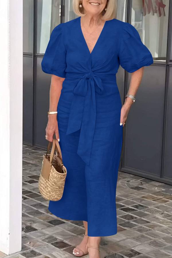 V-Neck Puff Sleeve Twisted Waist Tie Midi Dress