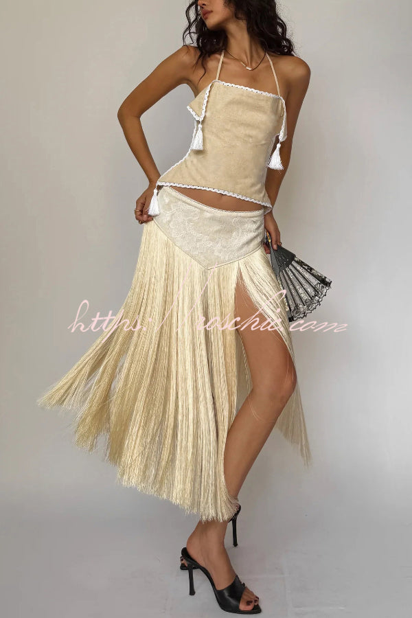 Fashionable Lace Appliqu¨¦ Tassel Hem Vacation Maxi Skirt