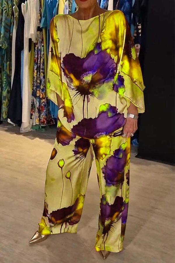 Ink Wash Floral Print Batwing Sleeve Wide Leg Pants Set