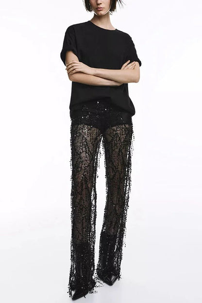 Yulissa Layered Sequin Tassels Mid Rise Stretch Waist Wide Leg Pants