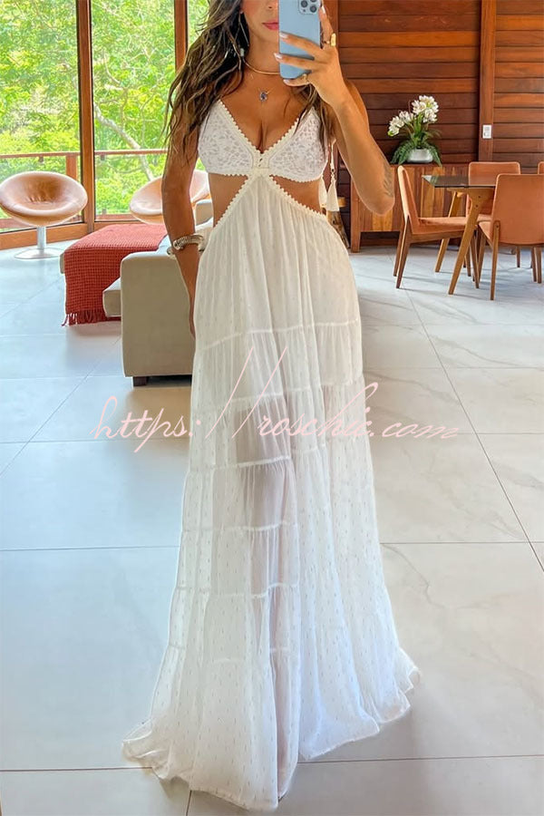 Soleil Crochet Tassel Shoulder Strap Cutout Waist Chiffon Polka Dot Vacation Maxi Dress