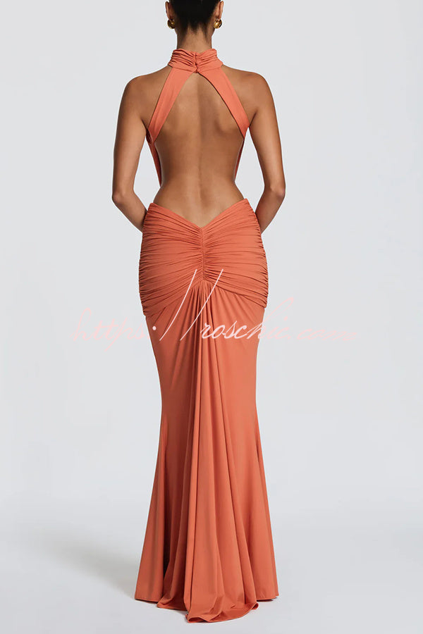 Thekla Stretch Slinky Jersey High Neck Ruched Backless Drape Maxi Dress