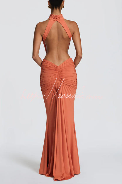 Thekla Stretch Slinky Jersey High Neck Ruched Backless Drape Maxi Dress