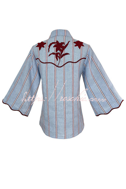 Delirio Linen Blend Floral Embroidery and Stripes Print Bell Sleeve Tie-up Blouse