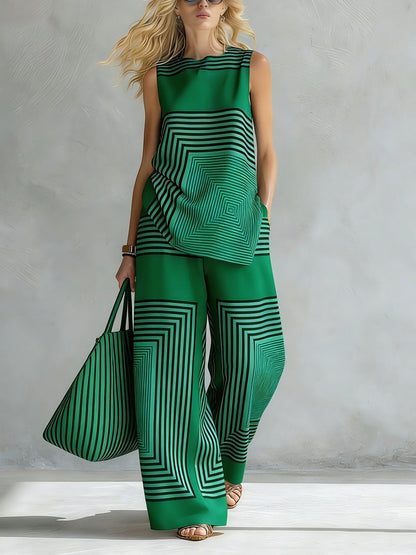 Geometric Print Loose-fitting Round Neck Sleeveless Top and Elastic Waist Casual Pocket Wide-leg Pants Set