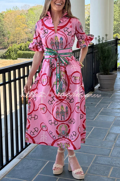 Churchill Social Playful Warhorse Print Stand Neck Ruffle Sleeve Belted Pocket Caftan Midi Dress