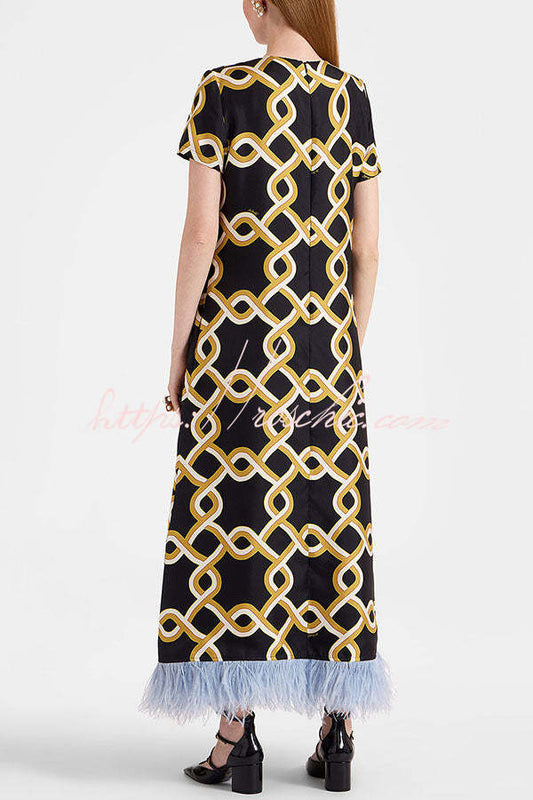 Annalisa Satin Court Style Contrast Color Printed Short Sleeve Pocket Feather Trim Maxi Dress
