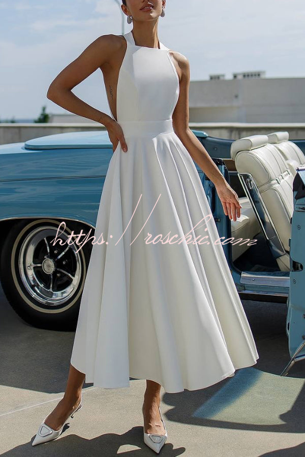 Solid Color Halter Neck Bow Tie Elegant Waist-cinching Midi Dress