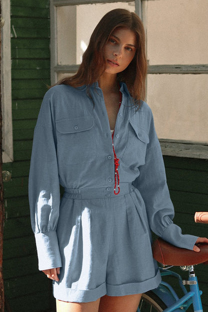 Cotton Linen Long Sleeve Slim Fit Waist Short Jumpsuit