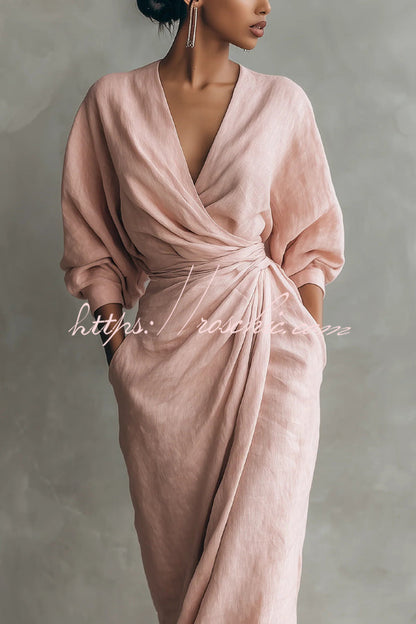 Linen Blend Loose V-neck Pleated Waist Casual Pocket Maxi Dress