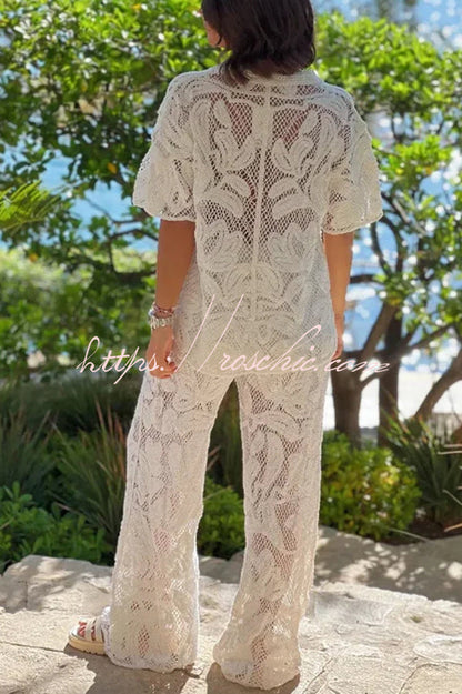 Lazy Vacation Knit Crochet Flowers Short Sleeve Shirt and Elastic Waist Loose Pants Set