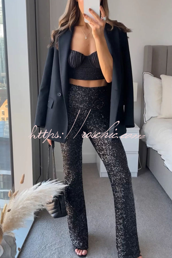 Diva Sequin High Rise Elastic Waist Flare Pants(Shipped Within 24 Hours)