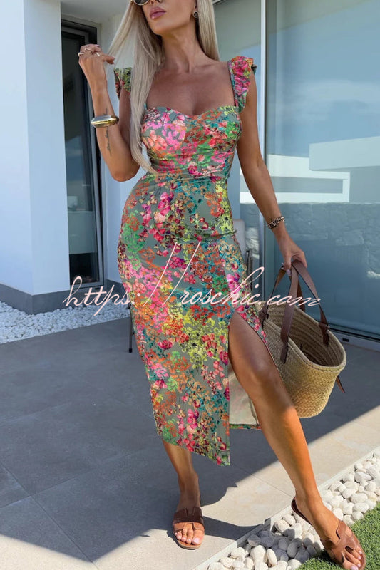 Elegant Floral Print Square Neckline Slim-fit Slit Midi Dress
