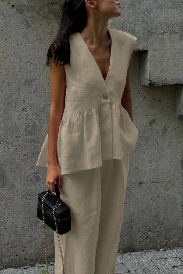 V-Neck Sleeveless Ruffled Peplum Top + Wide-Leg Pants Linen Set