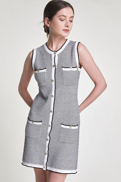 Grey Sleeveless Button Front Pocket Detail Knitted Mini Dress
