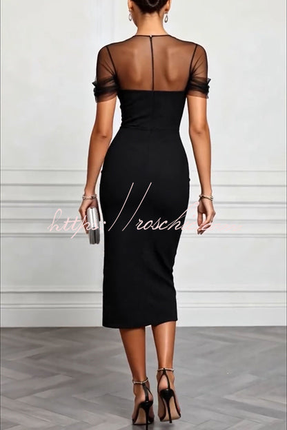 Emilie Mesh Sleeve Patchwork Sweetheart Neck Stretch Midi Dress