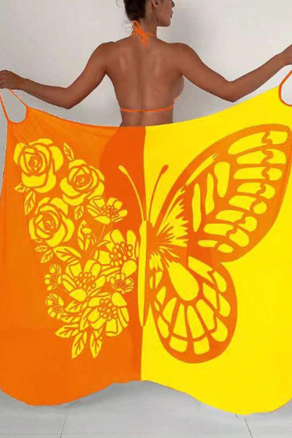 Fashionable Color-blocked Butterfly Print Resort Cover-up Midi Dress
