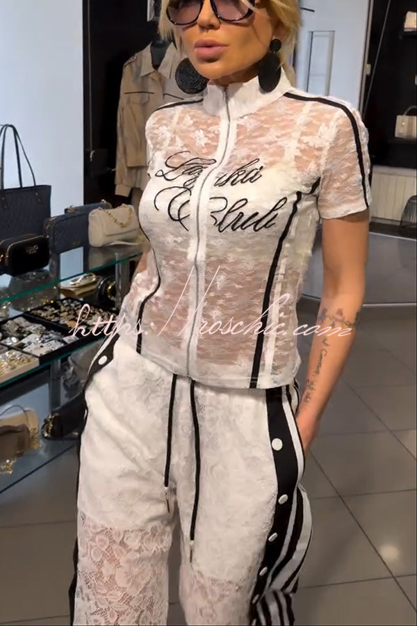 Khloe Lace Striped Patchwork High Neck Zip-Up Top and Elastic Waist Pocket Side Button Pants Set