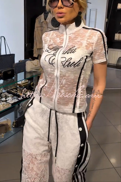 Khloe Lace Striped Patchwork High Neck Zip-Up Top and Elastic Waist Pocket Side Button Pants Set
