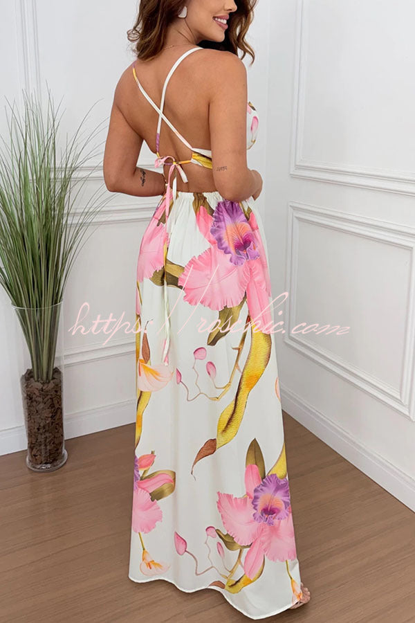 Seinah Floral Print Cutout Waist Open Back Lace-up Slit Maxi Dress