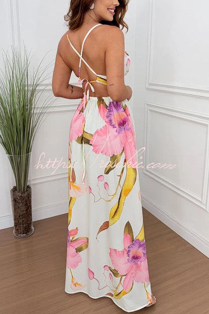 Seinah Floral Print Cutout Waist Open Back Lace-up Slit Maxi Dress