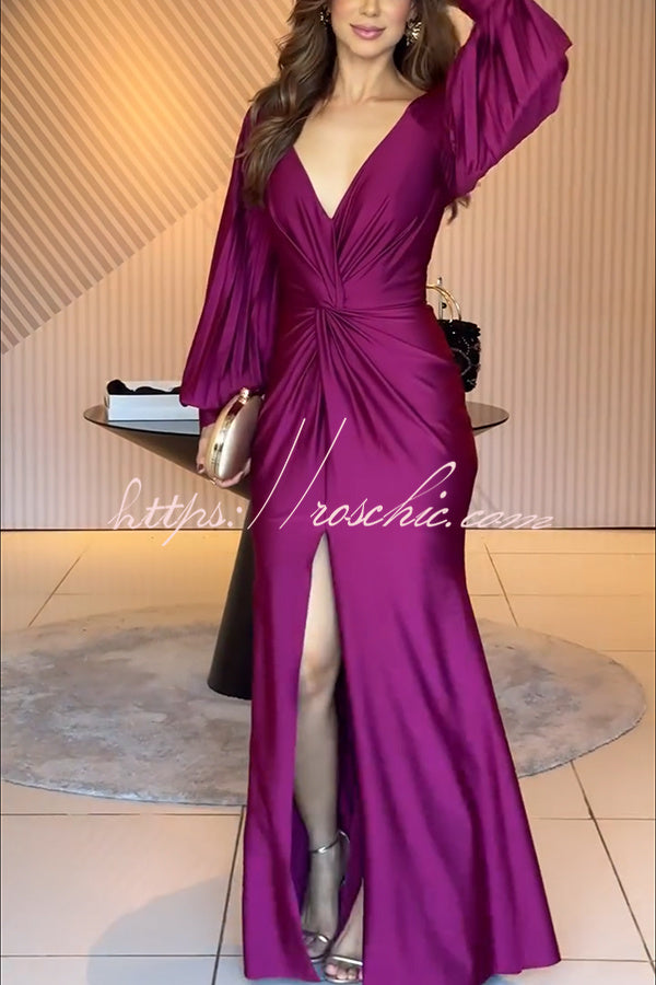 Raise A Toast Satin Long Balloon Sleeve Twist Waist Slit Maxi Dress