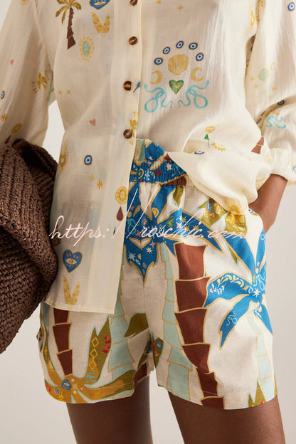 Linen Blend Summer Printed Collared Long-sleeved Shirt and Elastic Waist Pocket Casual Shorts Set
