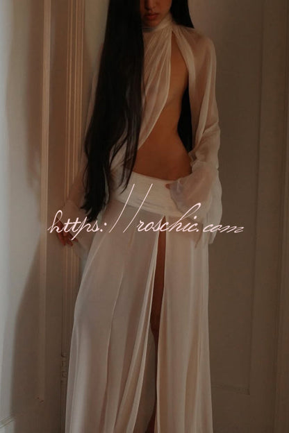 Sexy See-through High-neck Long-sleeved Draped Top and High-waisted Slit Maxi Skirt Vacation Set