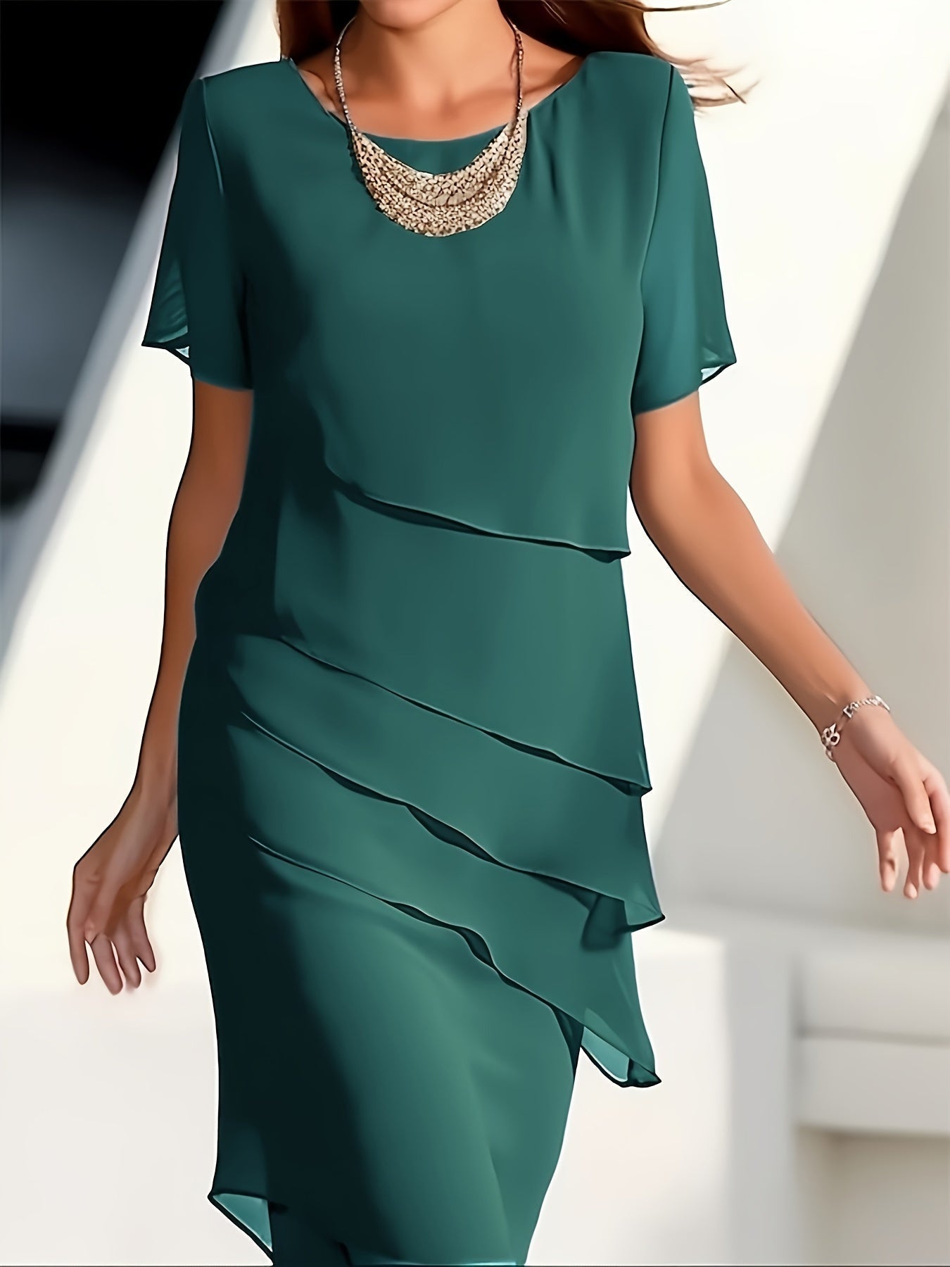 Amadis Minimalist Cotton Layered Trim Round Neck Short Sleeve Evening Dress for Women Premium Wardrobe Essential