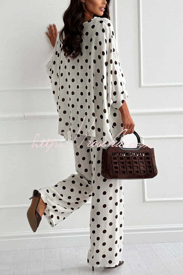 Verne Linen Blend Polka Dot Batwing Sleeve Top and Elastic Waist Pocket Loose Pants Set