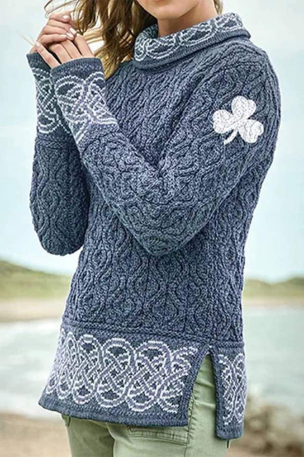 Women's Celtic Knotted Clover Creative Jacquard Turtleneck Sweater