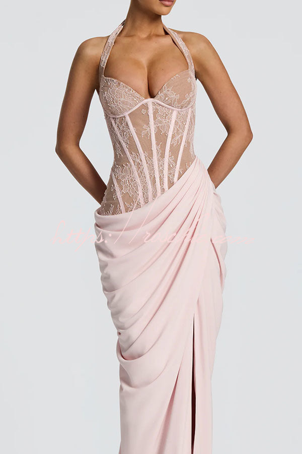 Bonita Floral Lace Contrast Structural Detail Asymmetrical Pleats Halter Slit Maxi Dress